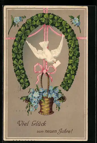 Präge-AK Hufeisen aus Klee, Weisse Taube mit Brief im Schnabel, Vergissmeinnicht-Korb