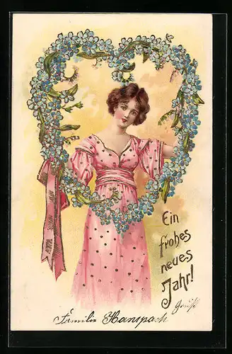 Präge-AK Maid mit Herz aus Vergissmeinnicht, Neujahrsgruss, Blumenbild