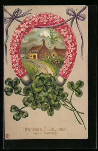 Präge-AK Hufeisen aus Blumen, Klee, Geburtstagsgruss, Blumenbild