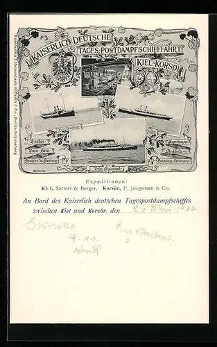 AK Kaiserlich Deutsche Tages-Postdampfschiffahrt Kiel-Korsor, Schiffe Prinz Waldemar, Adalbert, Prinz Sigismund