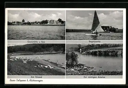 AK Hückeswagen, Bever-Talsperre, Gaststätte und See, Segelpartie, Am Strand