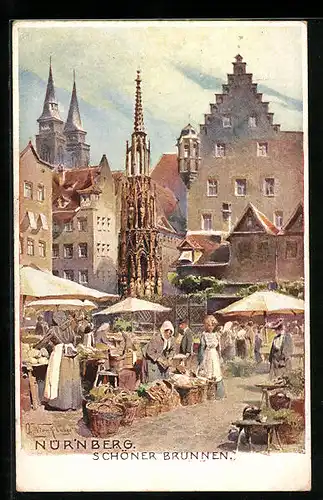 Künstler-AK Nürnberg, Marktplatz am Markttag mit Schöner Brunnen