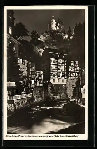 AK Monschau /Montjoie, Rurpartie mit Burgruine Haller bei Festbeleuchtung