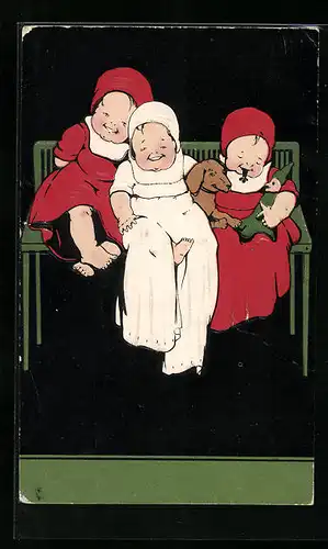 Künstler-AK Raphael Tuck & Sons Nr. 6792: Drei Kinderchen mit Dackel auf einer Bank