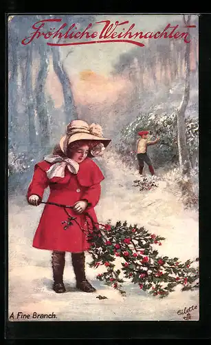 Künstler-AK Raphael Tuck & Sons Nr. 9608: Mädchen mit Stechpalmenast, Weihnachtsgruss