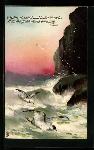 Künstler-AK Raphael Tuck & Sons Nr. 2859: Weather bleach`d and balter`d rocks from the green waves emerging, Cowper