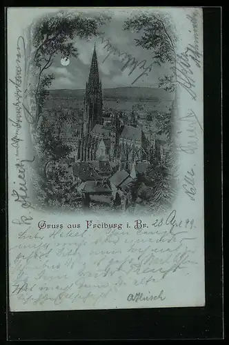 Mondschein-AK Freiburg i. Br., Ortsansicht mit Umland