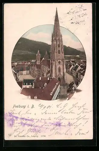 AK Freiburg i. B., Ortspartie mit Kirche