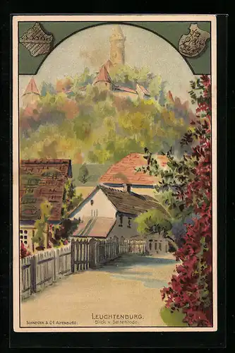 Lithographie Seitenroda, Blick zur Leuchtenburg, Wappen