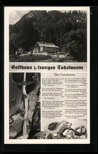 AK Oberaudorf, Gasthaus z. feurigen Tatzelwurm, Wasserfall, Gedicht