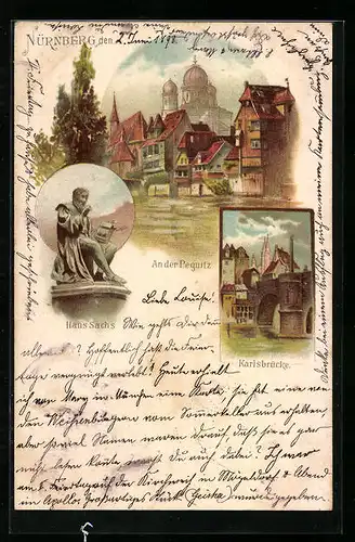 Lithographie Nürnberg, An der Pegnitz, Hans Sachs, Karlsbrücke