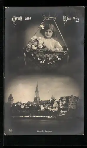 AK Ulm a. D., Uferpartie der Ortschaft, Mädchen mit Blumen im Heissluftballonkorb