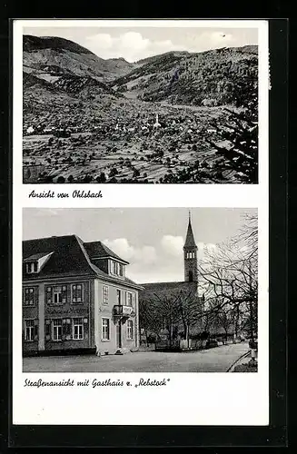 AK Ohlsbach, Ortsansicht aus der Vogelschau, Strassenpartie mit Gasthaus z. Rebstock, Bes. Karl Schätzle