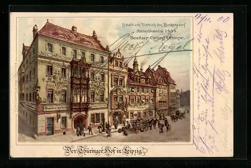 Lithographie Leipzig, Blick auf Thüringer Hof, Bes. Georg Grimpe