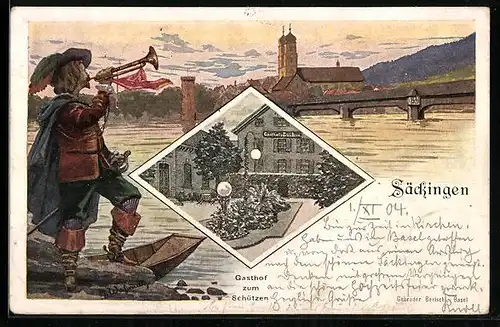 Lithographie Säckingen, Uferpartie, Mann mit Trompete, Gasthof zum Schützen