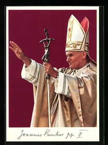 AK Papst Johannes Paul II. im vollen Ornat mit Ferula und Mitra