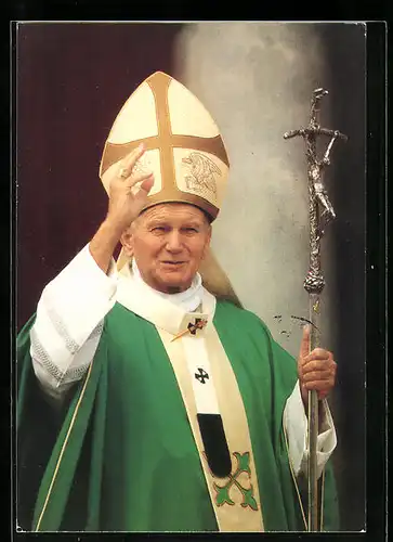 AK Papst Johannes Paul II. im grünen Ornat mit Ferula und Mitra