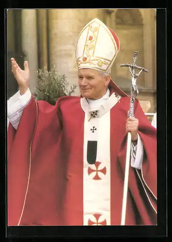 AK Papst Johannes Paul II. im roten Ornat mit Ferula und Mitra