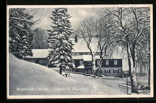 AK Pöbeltal b. Kipsdorf, Putzmühle im Winter