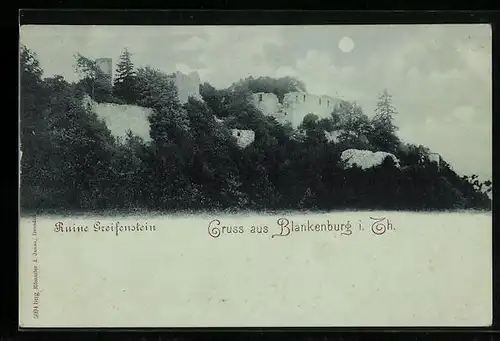 Mondschein-AK Blankenburg i. Th., Ruine Greifenstein bei Vollmond