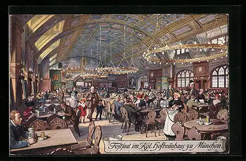 Künstler-AK Fritz Quidenus: München, Innenansicht Münchner Hofbräuhaus