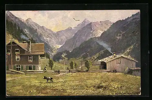 Künstler-AK M. Müller jun.: Haus mit Bergen und Ziege