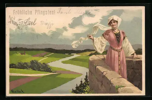 Künstler-AK Alfred Mailick: Pfingstgrüsse, schöne Frau im rosa Kleid