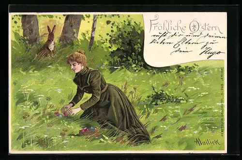 Künstler-AK Alfred Mailick: Schöne Dame sucht Ostereier