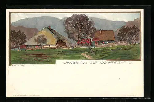 Künstler-AK Karl Mutter: Schwarzwald, Häuser mit Wiese