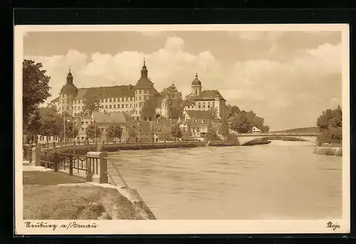 AK Neuburg a. d. Donau, Uferpartie mit Brücke