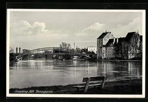 AK Straubing, Donaupartie mit Brücke