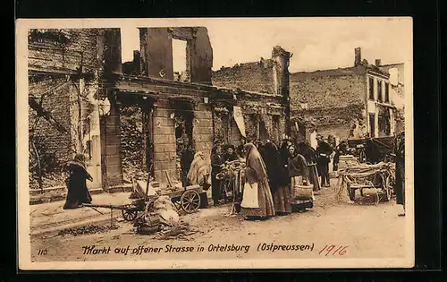 AK Ortelsburg, Markt auf offener Strasse