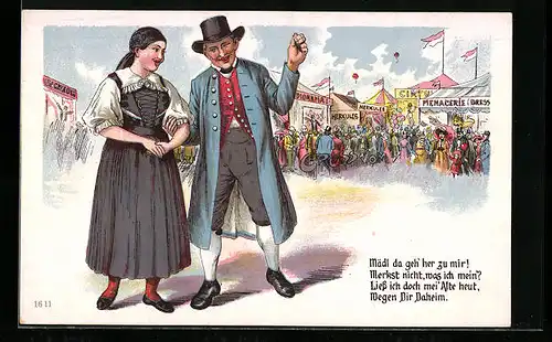 AK Mädl da geh'her zu mir!..., Volksfest-Besucher flirtet mit einem Mädel, verschiedene Attraktionen
