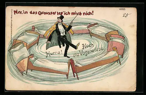 Lithographie Hurra! Hoch die Vogelwiese, Nee, in das Caroussel leg' ich mich nicht!