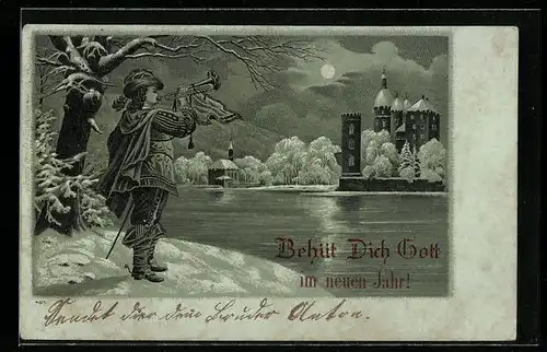 Mondschein-Lithographie Behüt Dich Gott im neuen Jahr!, Trompeter von Säckingen am Ufer stehend