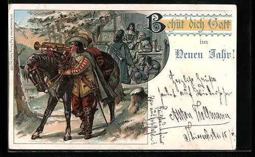 Lithographie Behüt Dich Gott im Neuen Jahr, Trompeter von Säckingen mit Pferd