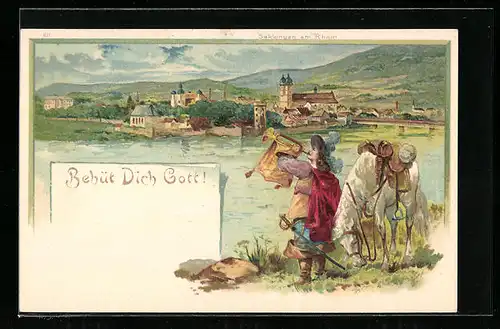 Lithographie Behüt Dich Gott! Trompeter von Säckingen mit Pferd am Ufer stehend