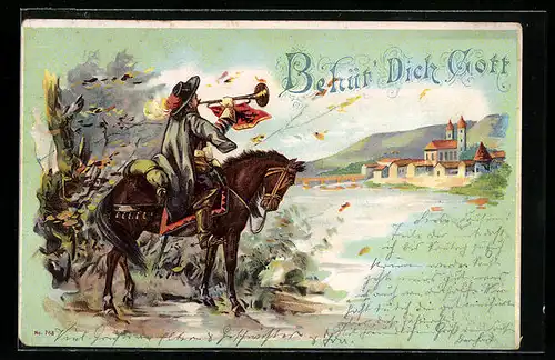 Lithographie Behüt Dich Gott! Trompeter von Säckingen zu Pferd am Stadtrand stehend