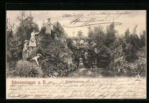 AK Schwenningen a. N., Neckarsprung mit Spaziergängern