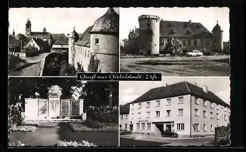 AK Giebelstadt / Ufr., Ehrenmal, Sparkasse, Schloss