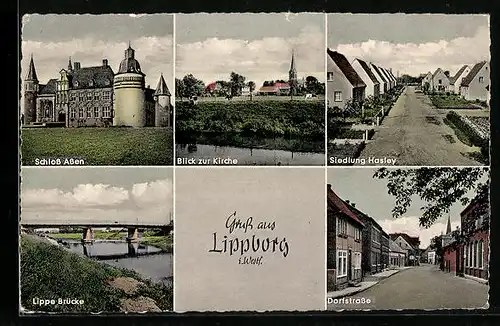 AK Lippborg i. Westf., Lippe-Brücke, Schloss Assen, Siedlung Hasley, Dorfstrasse
