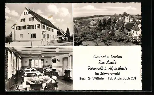 AK Peterzell b. Alpirsbach, Gasthof-Pension Zur Linde, Teilansicht mit Kirche