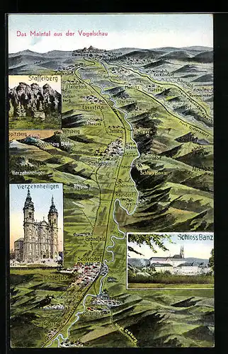 AK Bad Staffelstein, Schloss Banz, Staffelberg, Vierzehnheiligen, Maintal aus der Vogelschau, Landkarte