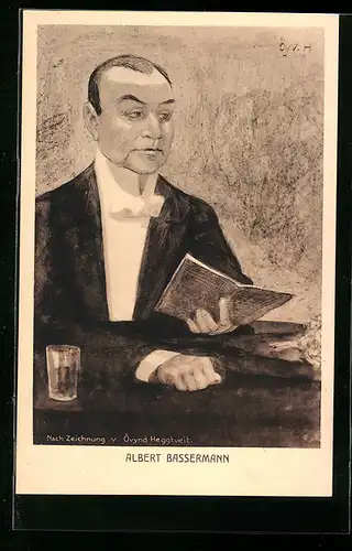 Künstler-AK Schauspieler Albert Bassermann im Anzug am einem Tisch sitzend