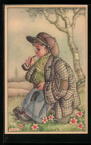 Künstler-AK Karel L. Links: Knabe raucht in einem zu grossen Mantel seine Pfeife