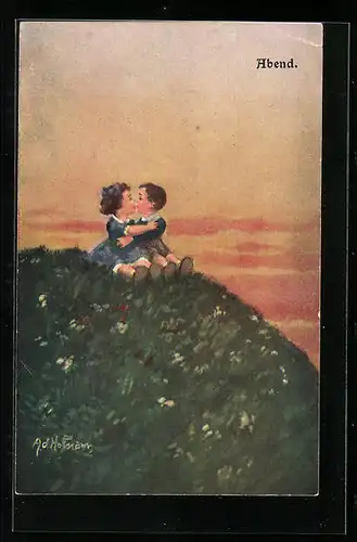 Künstler-AK Ad. Hoffmann: Kinderpaar am Abend auf einem Berg