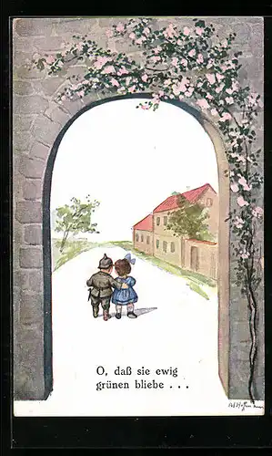 Künstler-AK Ad. Hoffmann: O, dass sie ewig grünen bliebe..., Soldat mit Mädchen im Ort