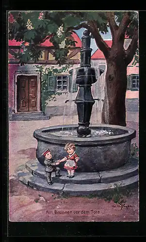 Künstler-AK Ad. Hoffmann: Am Brunnen vor dem Tore, Soldat mit seinem Mädchen