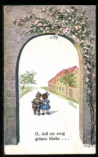 Künstler-AK Ad. Hoffmann: O, dass sie ewig grünen bliebe..., Soldat mit seinem Mädchen im Ort