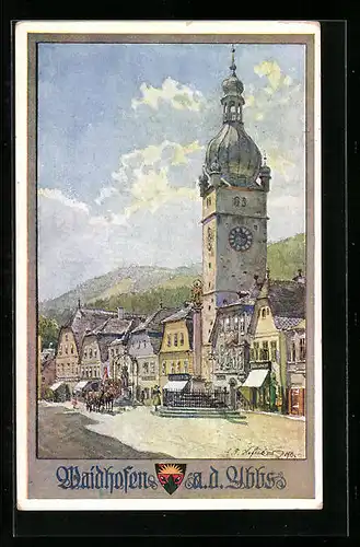 Künstler-AK E.F. Hofecker: Waidhofen a. d. Ybbs, Markt mit Kirche